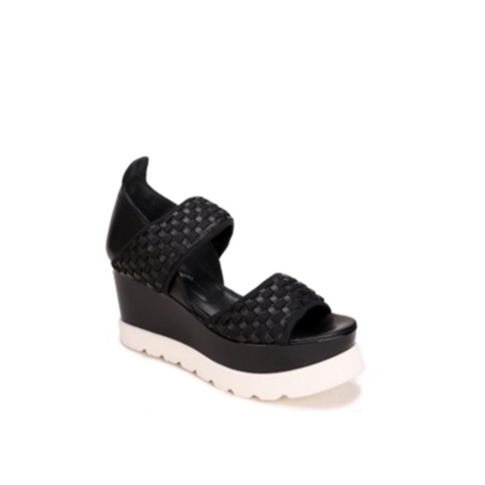 Bruno Bordese Womens Woven Leather Platform Wedge Sandals Black White Size 38
